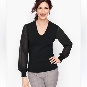 Talbots Poet Sleeve Sweater Black V Neck Sheer Sleeves Holiday Date Night Party
